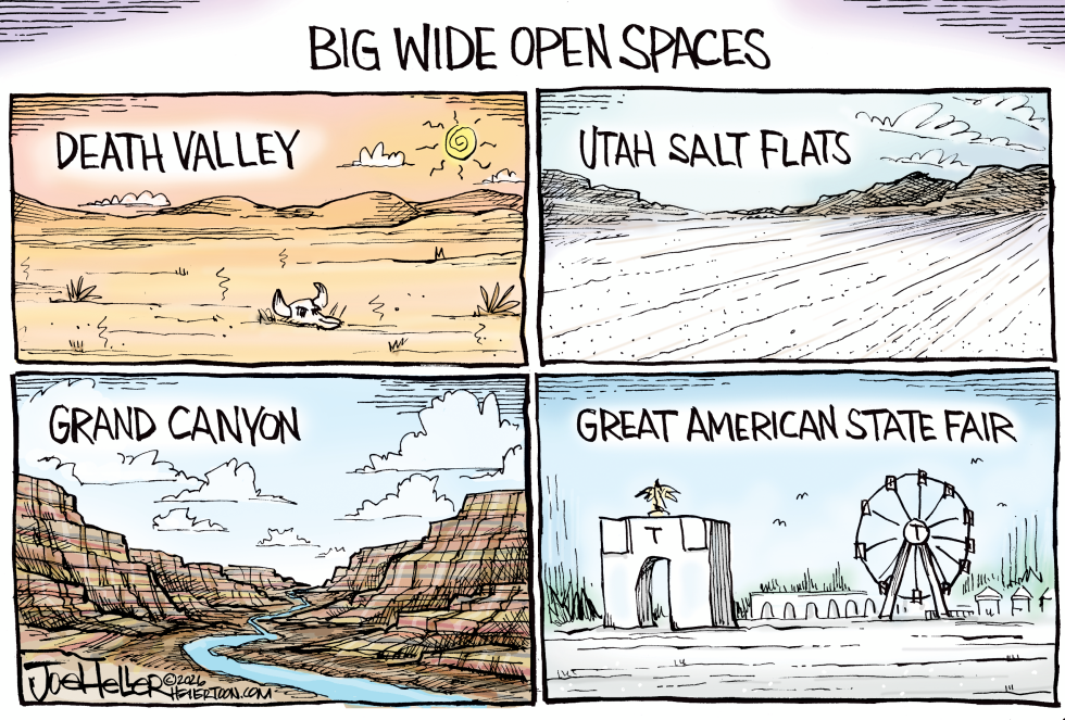 Four Panels Contrast Vast Natural Landscapes With Crowded State Fair