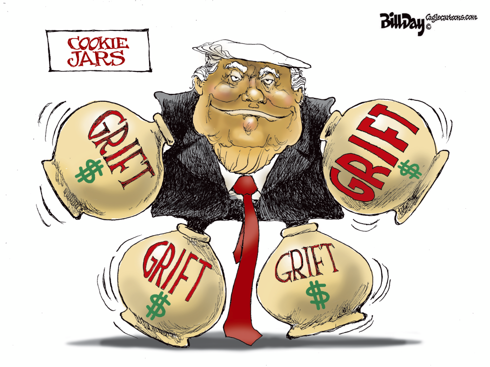 Trump depicted juggling multiple grift-labeled cookie jars