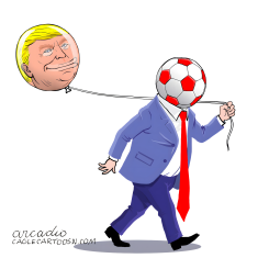 TRUMP BALLOON PULLED BY SOCCER HEAD FIGURE by Arcadio Esquivel