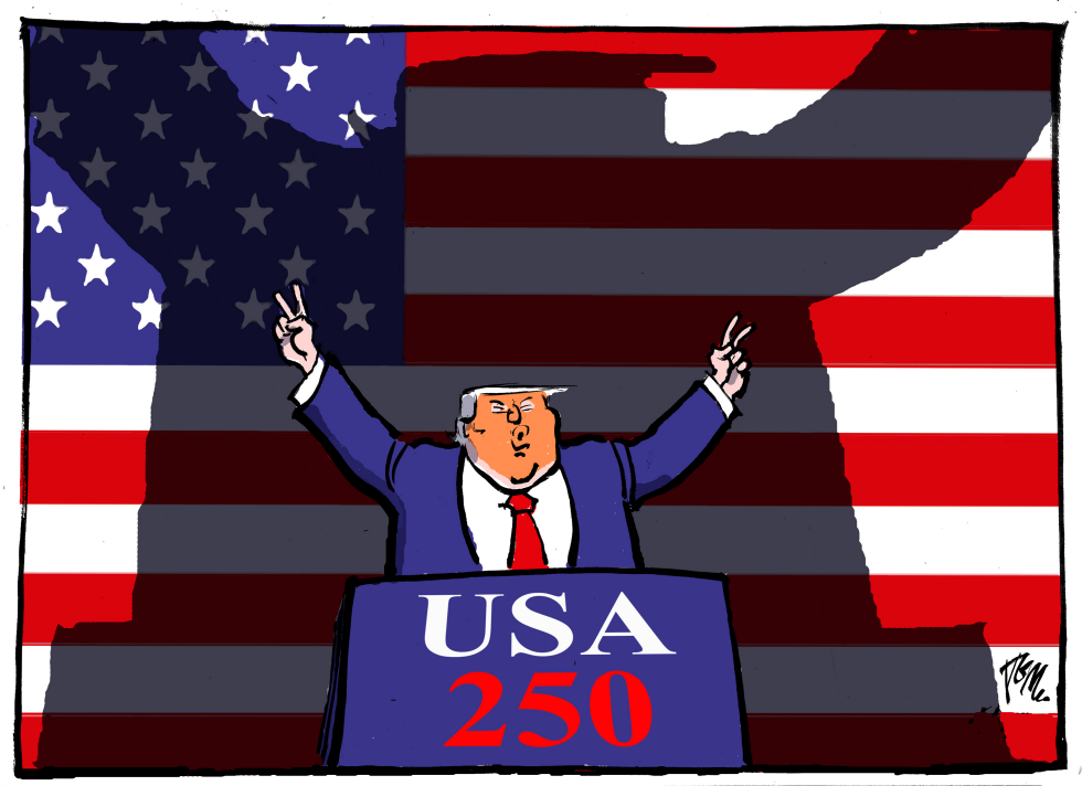 Trump at USA 250 Podium with Peace Signs