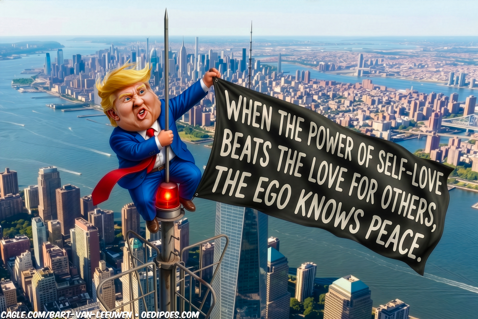Trump on Tower Holding Banner