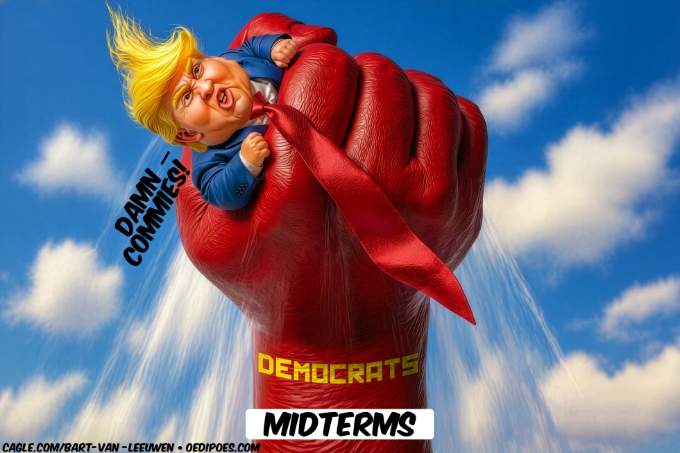 Donald Trump shouts damn commies while squeezed by large red Democrats fist during 2026 midterms elections pressure.