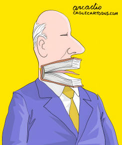 MAN WITH BOOKS PROTRUDING FROM MOUTH by Arcadio Esquivel