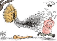 UKRAINE BEEHIVE SWARM ATTACKS MAN by Pat Bagley