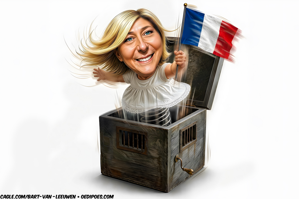 Marine Le Pen emerges smiling from jack in the box holding French flag in politics government scene.