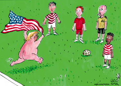 NAKED MAN WAVES FLAG ON SOCCER FIELD by Christo Komarnitski
