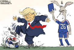 TRUMP KICKS U.S. ECONOMY SOCCER BALL by Jeff Koterba