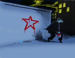 MAN PAINTING RED STAR ON WALL by Petar Pismestrovic