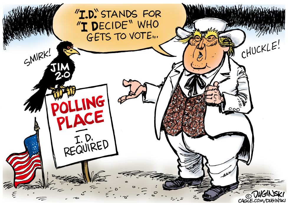 Donald Trump redefines voter ID rules in polling place scene tied to voting rights debate.