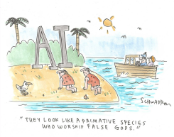 BOAT APPROACHES ISLAND WITH AI IDOL by Harley Schwadron