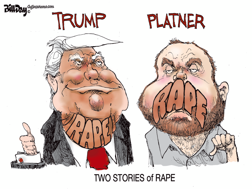 Trump and Platner shown with rape labels in side by side display