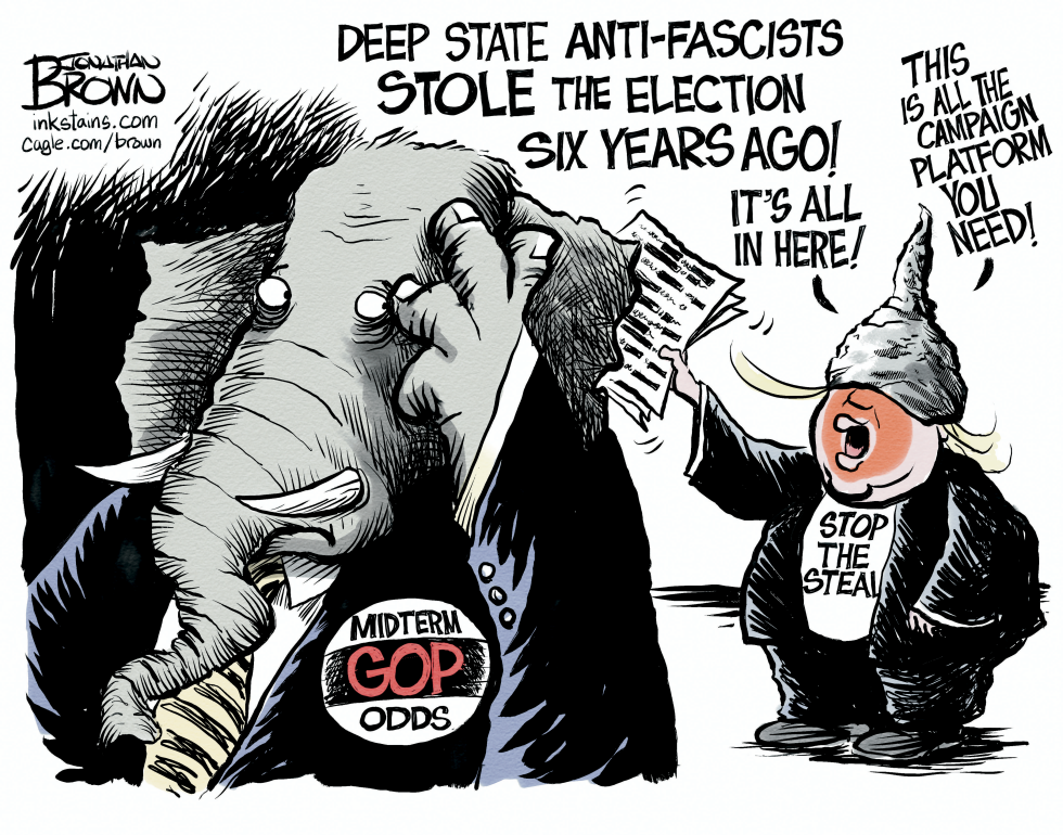 GOP elephant covers eyes from stop the steal dunce cap figure waving deep state election theft papers ahead of midterms.