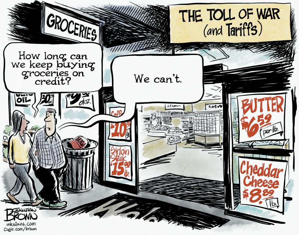 Couple exits grocery store under war and tariffs banner as prices for butter cheese and steak climb forcing credit reliance.