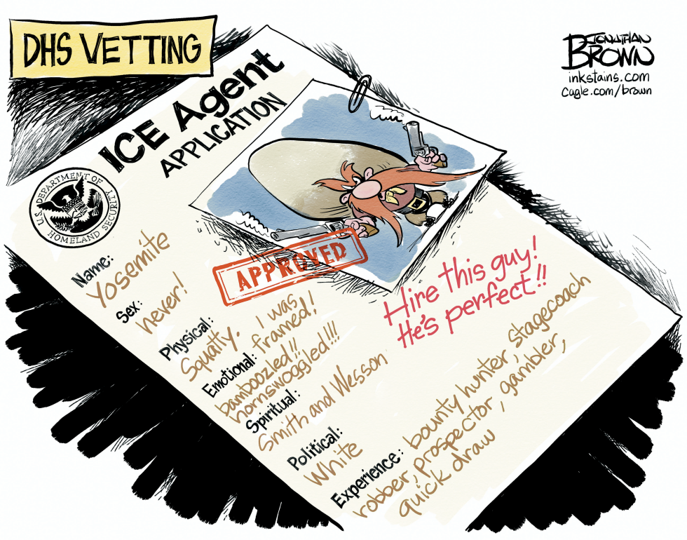 DHS vetting document approves Yosemite Sam for ICE despite listed issues with violence and background.