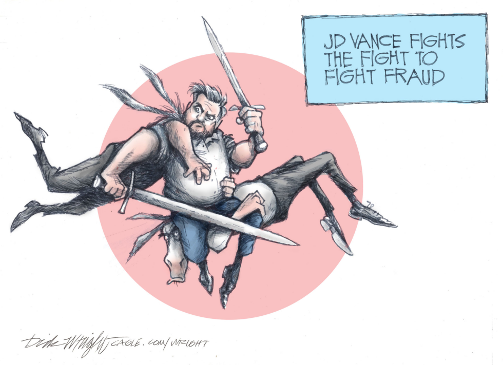 JD Vance depicted in sword duel against fraud symbol