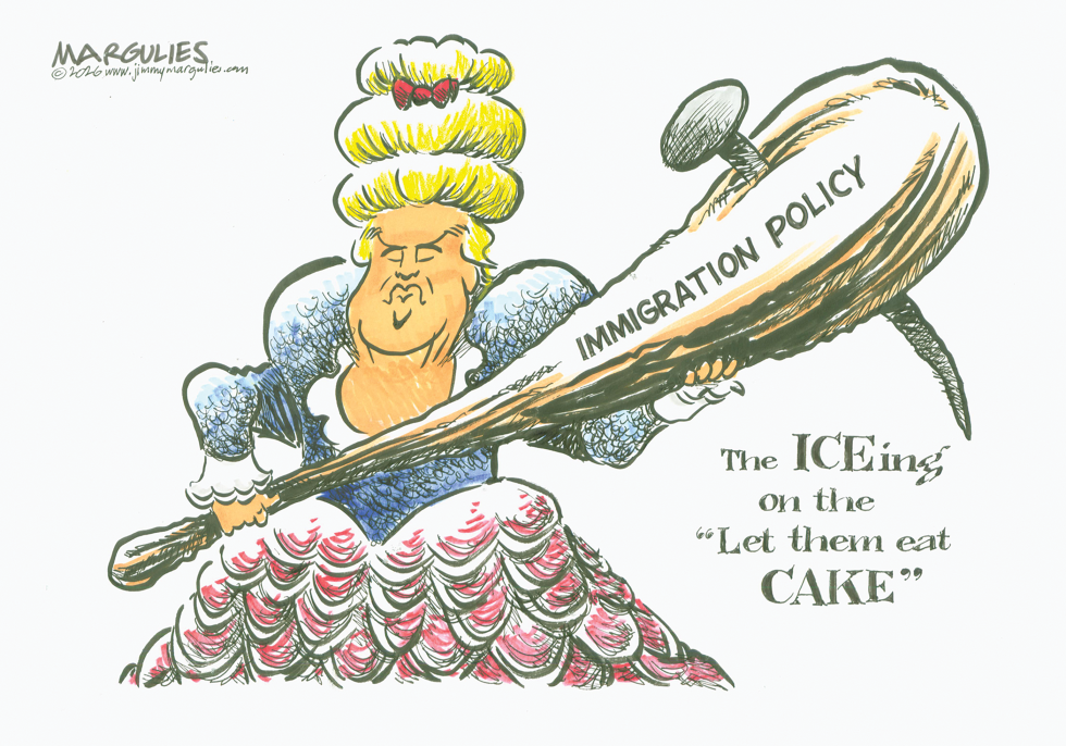 Trump depicted holding immigration policy bat beside cake quote