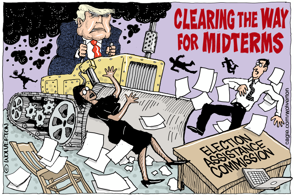 Trump Bulldozer Cartoon Depicts Clearance of Election Assistance Commission Ahead of Midterms