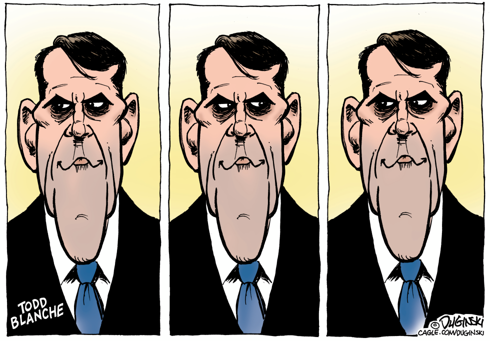 Todd Blanche appears in three panels with stern expressions
