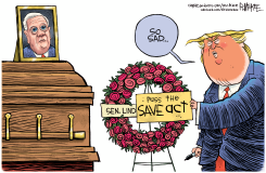 TRUMP AT CASKET WITH SAVE ACT SIGN by Rick McKee