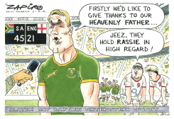 SPRINGBOKS CAPTAIN THANKS HEAVENLY FATHER by Zapiro