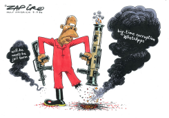 FIGURE IN RED LAUNCHES CORRUPTION ROCKET by Zapiro