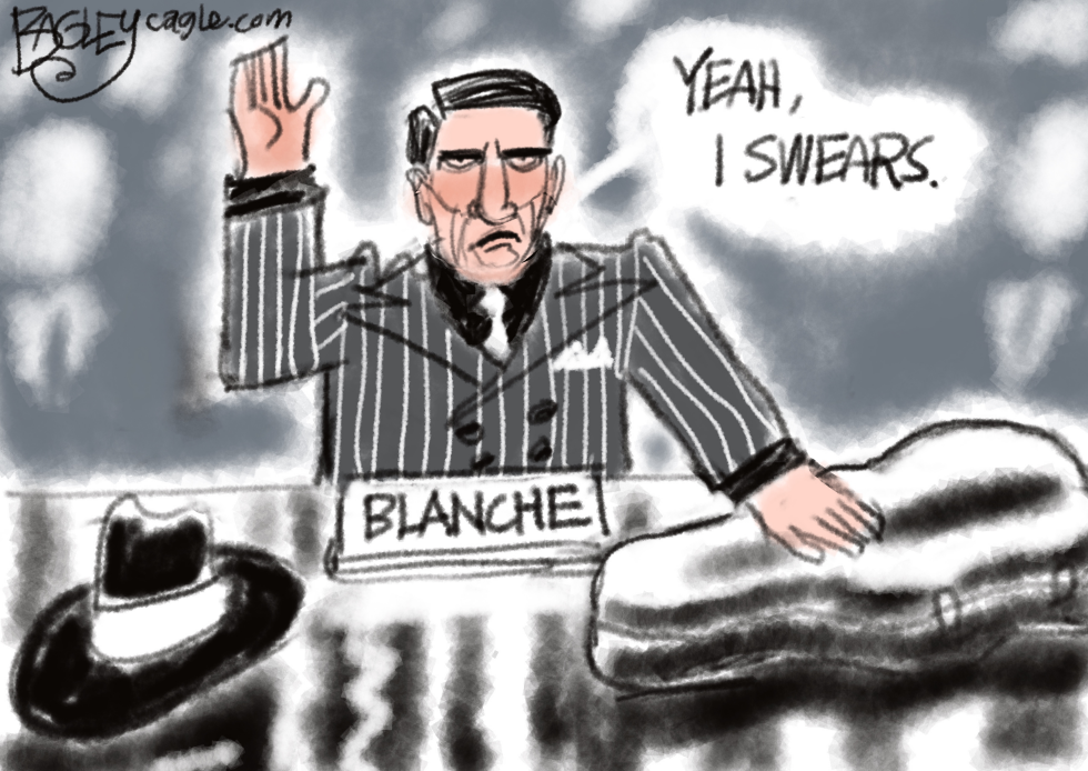 Pinstripe-suited figure raises hand at Blanche desk