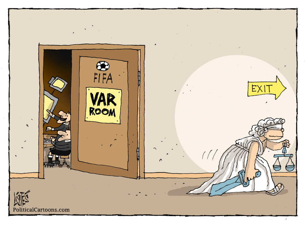 Lady Justice walks out of FIFA VAR review room