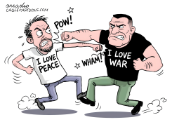 PEACE SHIRT WEARER PUNCHED BY WAR ADVOCATE by Arcadio Esquivel