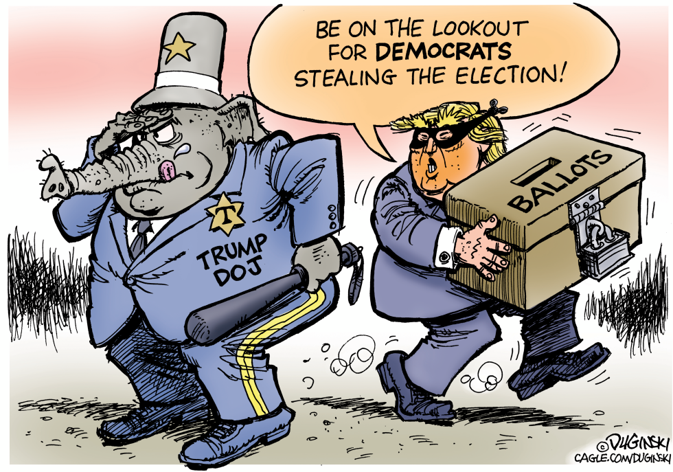 Trump depicted fleeing with ballots while Trump DOJ elephant issues warning