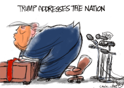 TRUMP BENDS OVER BOX AT MICROPHONES by Pat Bagley