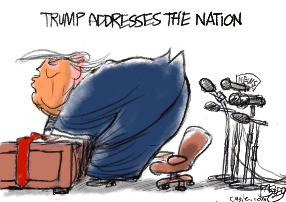Trump Bends Over Box While Addressing Nation at News Microphones