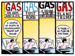 GAS PRICES BLAME TRUMP COMIC STRIP by Ingrid Rice
