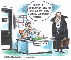 VAMPIRE CONSULTANT AT BLOOD BANK RECEPTION by Dave Granlund