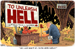 TRUMP TAKES NUMBER AT HELL DESK by Rick McKee