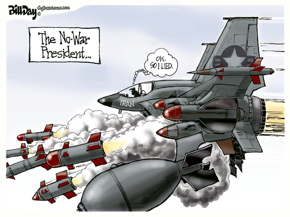 No-War President Depicted Launching Iran Strike While Admitting Lie