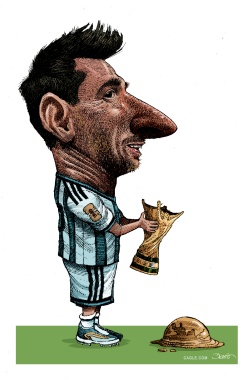 MESSI HOLDS BROKEN WORLD CUP TROPHY by Dario Castillejos