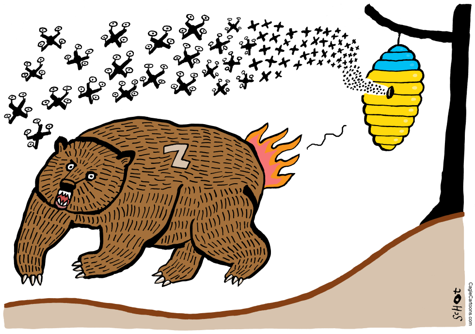 Russian Bear Faces Ukrainian Drone Swarm in Ongoing Conflict