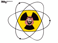 RADIATION SYMBOL WITH KEFFIYEH MAN AND ATOM by Bill Day