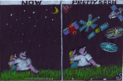 STARGAZING COUPLE FACES SATELLITE-CLUTTERED SKY by Randall Enos