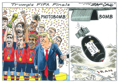 TRUMP PHOTOBOMBS FIFA TEAM AND BOMBS IRAN by Zapiro