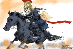 TRUMP CLINGING TO FOREVER WAR SKELETON by Jeff Koterba
