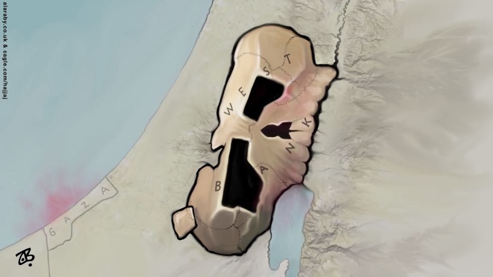 West Bank Map Rendered as Skull Highlights Territorial Conflict