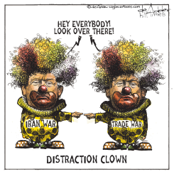 DISTRACTION CLOWNS IRAN WAR TRADE WAR by Michael de Adder