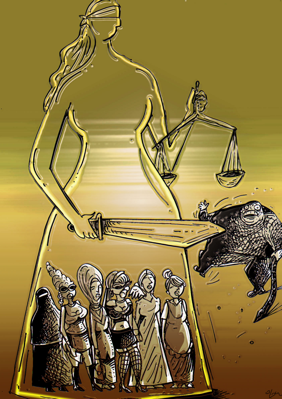 Lady Justice Expels Threat While Shielding Women