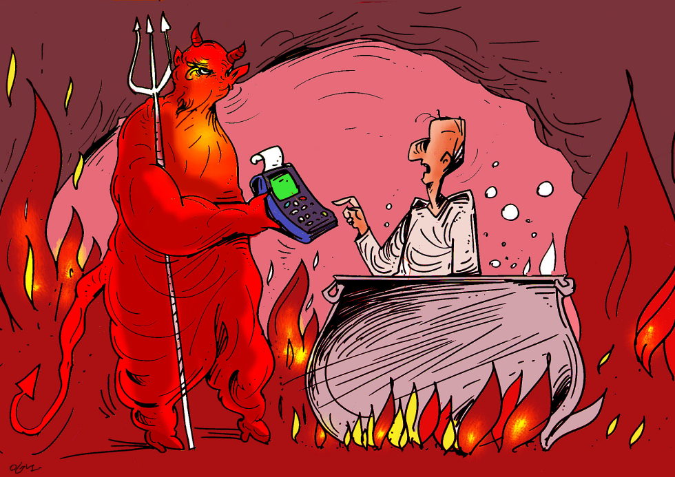 Devil presents bill to man in hell cauldron