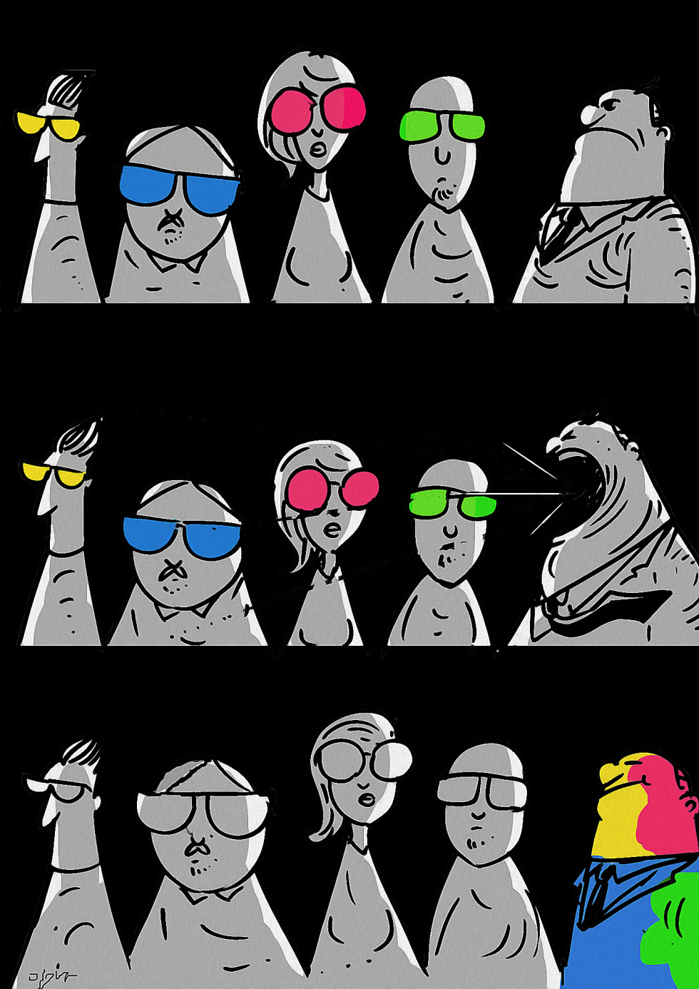 Colored Lenses Shape Group Perspectives in Three Panels