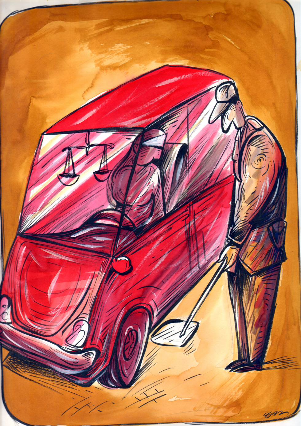 Justice Figure Steers Red Vehicle as Official Intervenes with Shovel