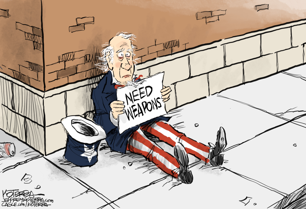 Uncle Sam Sits With Sign Pleading for Weapons