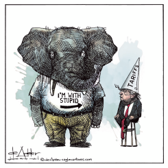 REPUBLICAN ELEPHANT TAGS TRUMP STUPID ON TARIFFS by Michael de Adder