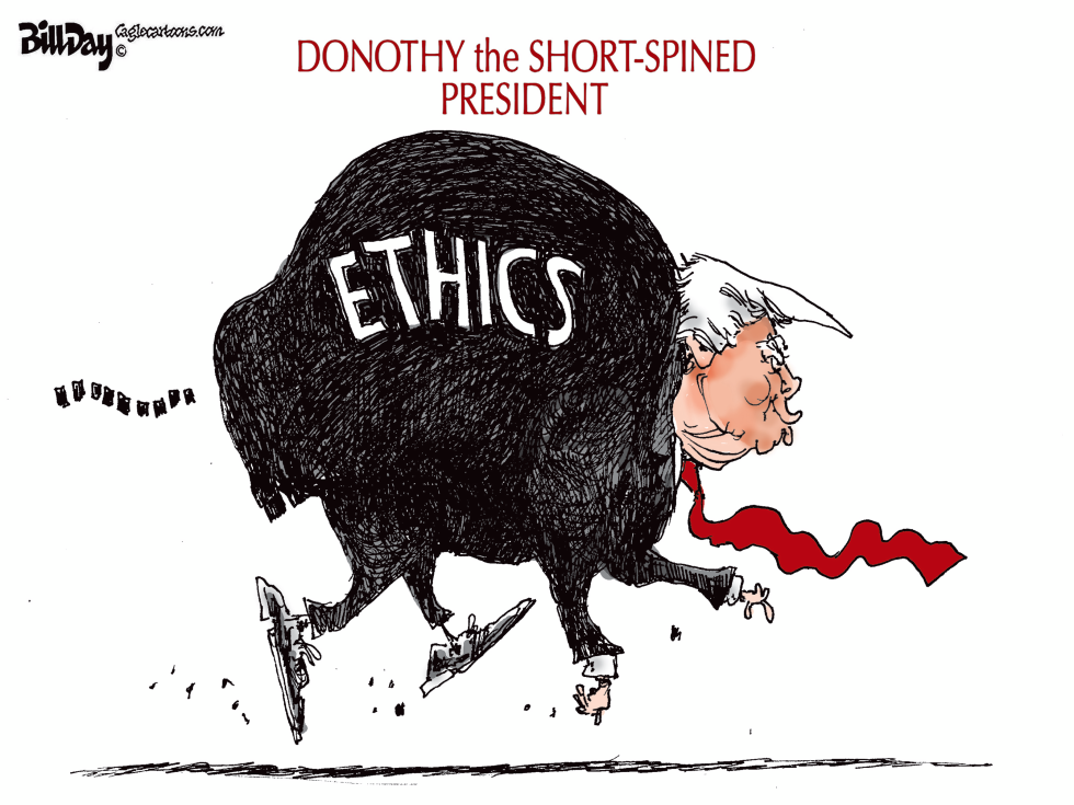 Trump Depicted Fleeing Ethics Load While in Office